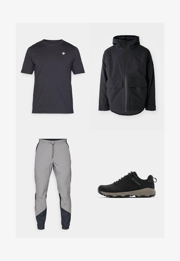 Jack Wolfskin TEMPELTOR - Talvemantel - black; Lühikeste varrukatega, ümar kaelus t-särk tumhallis värvuses, valmistatud pehmest puuvillast, millel on vasakul rinnal väike valge logo. Lihtne disain, ilma mustriteta.; Kergedatud hallid sportlikud püksid mustade aktsentidega. Elastne vöökoht, stringiga sulgemine, kitsenev jala disain ja küljetaskud.; Mustad matkajalanõud musta ülemise osaga, sileda pinnaga, perforatsiooni disainiga, hallal väljal ja tugevdatud kontsaga. Omab paelu ja tõmbetaba lihtsaks selga panemiseks.