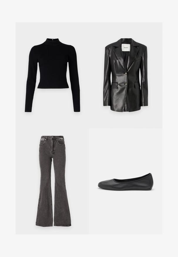 Černá kožená sako s klopami, dvěma předními kapsami, zapínáním na jeden knoflík a mírně přizpůsobeným střihem. Hladká textura.; Černý žebrovaný rolák s dlouhými rukávy a přiléhavým střihem, s hladkou texturou a detaily na zadním zipu.; Černé rozšířené džíny vyrobené z denimu s vybledlou texturou, s předními kapsami, poutky na opasek a kovovými akcentovými prvky v pase.; Černé kožené baletní byty s kulatou špičkou, hladkou texturou, minimálními švy a flexibilním designem podrážky.
