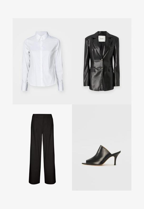 Black leather blazer with a notched lapel, two front pockets, single-button closure, and a slightly tailored fit. Smooth texture.; White long-sleeve button-up shirt made of smooth fabric, featuring a pointed collar, a curved hem, and standard cuffs with button closures.; Black wide-leg trousers with pleats, made of lightweight fabric. Features a smooth texture and a straight cut from waist to cuffs.; Black leather open-toe mule with a sleek, curved design, high stiletto heel, and smooth texture. The interior features a contrasting light color.