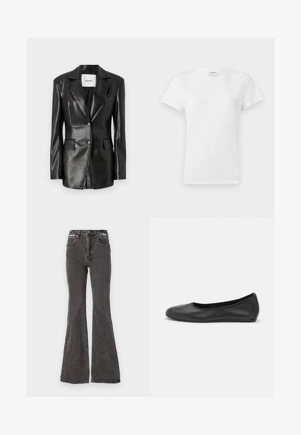 Black leather blazer with a notched lapel, two front pockets, single-button closure, and a slightly tailored fit. Smooth texture.; White cotton t-shirt with a crew neckline and short sleeves, featuring a relaxed fit and minimalistic design. Tag visible at the neck.; Black flared jeans made of denim with a faded texture, featuring front pockets, belt loops, and metal accent hardware at the waist.; Black leather ballet flat with a rounded toe, smooth texture, minimal stitching detail, and a flexible sole design.