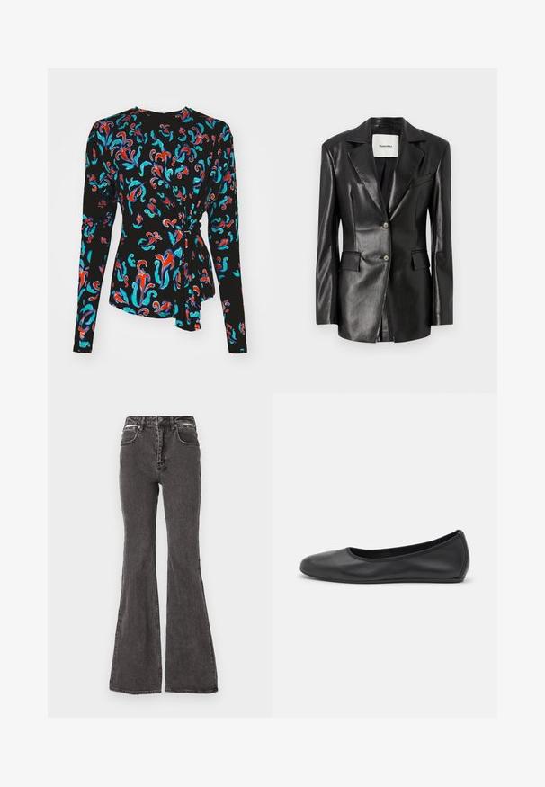 Schwarze Lederblazer mit einem Reverskragen, zwei vorderen Taschen, einer Ein-Knopf-Verschluss und einer leicht taillierten Passform. Glatte Textur.; Schwarzes Langarmoberteil mit einem bunten Blumenmuster in Rot, Türkis und Blau sowie einem Knotenakzent in der Taille.; Schwarze Schlagjeans aus Denim mit einer verblassten Textur, ausgestattet mit Vordertaschen, Gürtelschlaufen und metallischen Akzenten am Bund.; Schwarze Leder-Ballettschuhe mit abgerundeter Spitze, glatter Textur, minimalen Nähdetails und einem flexiblen Sohlen-Design.