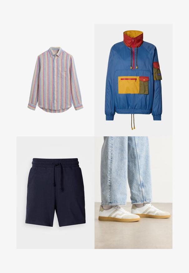Kolorowa, lekka kurtka z niebieskimi, czerwonymi, żółtymi i zielonymi sekcjami, z wysokim kołnierzem, zamykaną na zamek kieszenią i regulowanym ściągaczem u dołu.; Koszula z paskami na guziki o miękkiej tkaninie w odcieniach niebieskiego, żółtego i czerwonego. Posiada jedną kieszeń na piersi oraz klasyczny kołnierzyk.; Granatowe szorty o luźnym kroju, z elastycznym pasem i regulowanym sznurkiem. Lekki materiał o gładkiej fakturze.; Białe sneakersy z beżowymi zamszowymi akcentami i jasnymi gumowymi podeszwami; charakteryzują się niskim krojem i teksturowanymi detalami na cholewce.