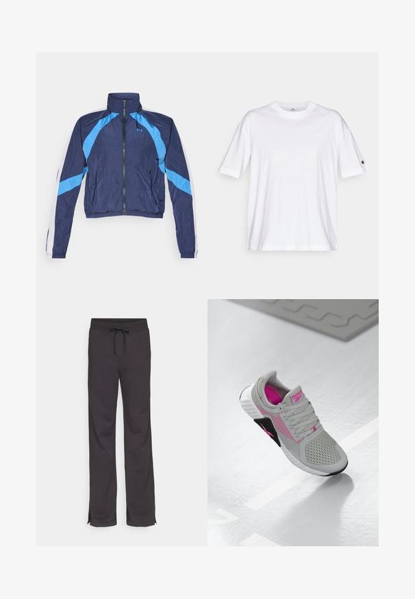 Námornícky modrá vetrovka so svetlomodrými akcentmi, s kovovým zipsom, vysokým golierom a elastickými manžetami. Vyrobená z ľahkého, lesklého materiálu.; Biela bavlnená tričko s okrúhlym výstrihom, krátkymi rukávmi a malým logom na ľavej hrudi. Má uvoľnený strih a jednofarebný dizajn.; Čierne športové nohavice s nastaviteľným pásom na šnúrky, rovné nohavice a bočné rozparky na leme. Vyrobené z mäkkého, elastického materiálu.; Šedé a ružové športové tenisky Reebok s priedušnou vrchnou časťou a detailnou podrážkou, vystavené na lesklom bielom povrchu.
