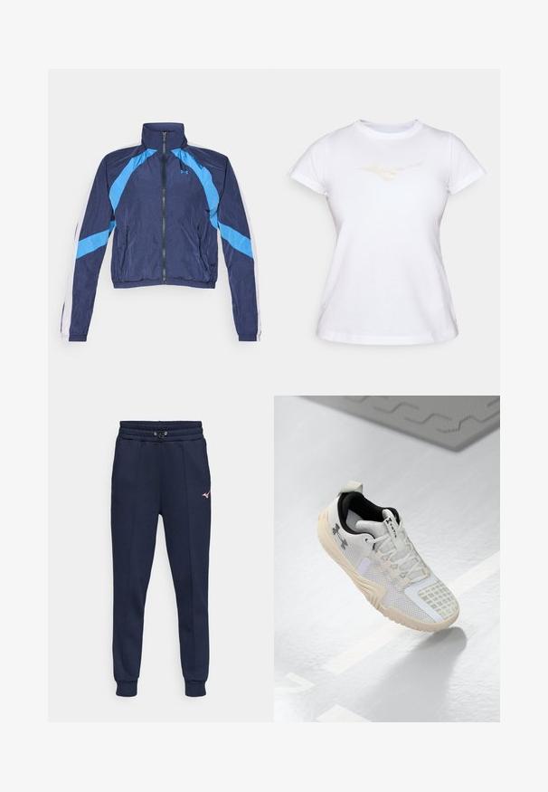 Tamsiai mėlynas vėjyje atsparus džemperis su šviesiai mėlynomis detalėmis, užtrauktuku, aukšta apykakle ir elastinėmis rankovėmis. Pagamintas iš lengvo, blizgaus audinio.; Balta medvilninė marškinėliai trumpomis rankovėmis ir apvaliu iškirpimu; su subtiliu šviesiai spalvotu logotipu, atspauduotu ant krūtinės.; Tamsiai mėlynos treniruočių kelnės su raišteliu juosmenyje, siaurėjančiomis kojomis ir subtiliu rožiniu logotipu kairiajame šlaunyje. Minkšta medžiaga su lygia tekstūra.; Baltos sportinės bateliai su tekstūruotu tinklo paviršiumi, juoda vidine dalimi ir smėlio spalvos guminiu padu su raštuota sukibimo danga. Papuošti subtiliais akcentais.