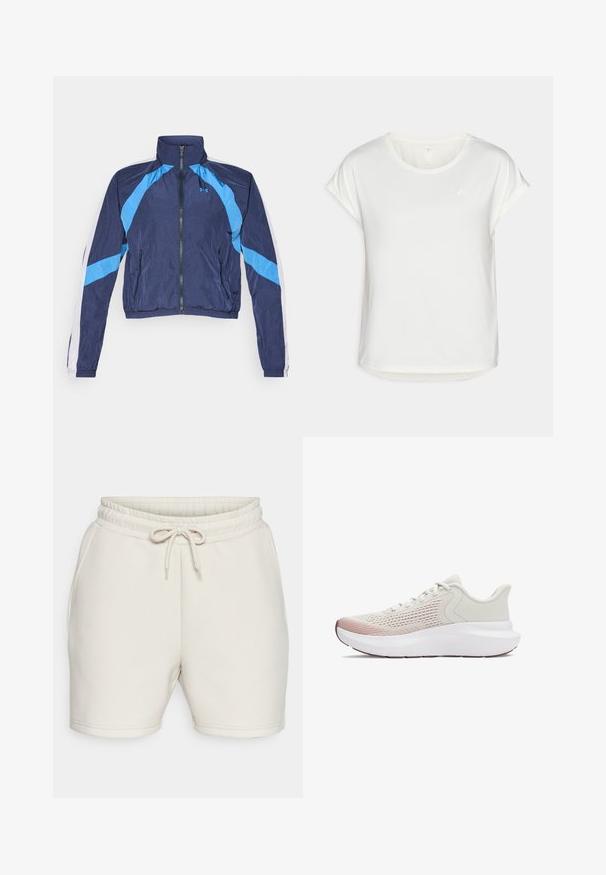 Námornícky modrá vetrovka so svetlomodrými akcentmi, s kovovým zipsom, vysokým golierom a elastickými manžetami. Vyrobená z ľahkého, lesklého materiálu.; Biele tričko s krátkym rukávom a okrúhlym výstrihom, vyrobené z hladkej látky. Má zvlnene rukávy a jemný detail loga na hrudi.; ONLY Play ONPLOUNGE LIFE - Športové šortky - pumice stone; Ľahké atletické topánky s priedušným bielym sieťovaným zvrškom, gradientovými ružovými akcentmi a hrubou bielou podrážkou s textúrovanými detailmi.