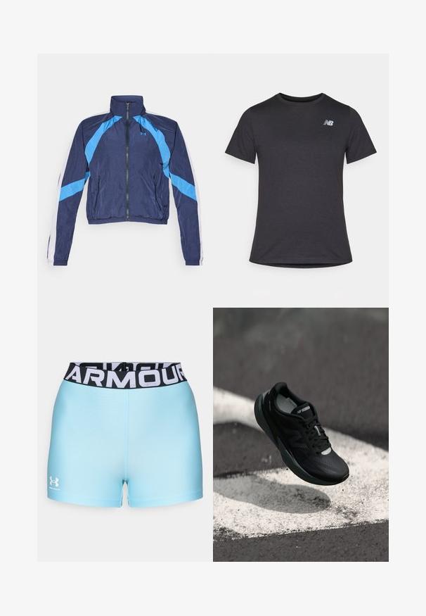 Granatowa kurtka przeciwwiatrowa z jasnoniebieskimi akcentami, zamek błyskawiczny, wysoki kołnierz i elastyczne mankiety. Wykonana z lekkiego, błyszczącego materiału.; Czarny t-shirt z krótki rękawem, wykonany z miękkiej tkaniny, z małym szarym logo New Balance na górnej lewej części klatki piersiowej, klasyczny krój z okrągłym dekoltem.; Jasnoniebieskie spodenki sportowe z czarnym pasem, na którym znajduje się biały tekst "ARMOUR". Materiał wydaje się gładki i ma dopasowany krój. Logo Under Armour jest widoczne.; Czarne buty do biegania z teksturowaną cholewką, smukłym designem i odblaskowymi akcentami. Posiadają miękką, amortyzującą podeszwę dla komfortu.