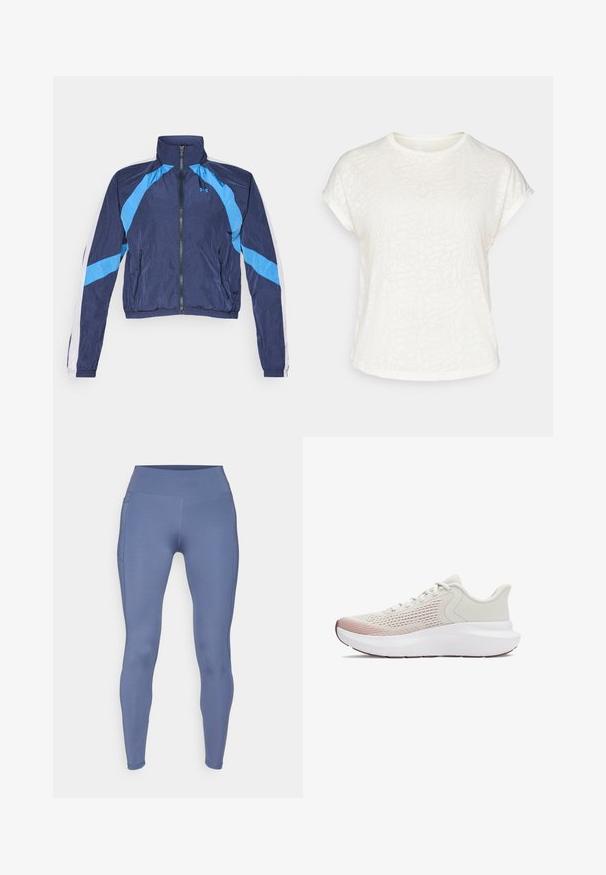 Tamsiai mėlynas vėjyje atsparus džemperis su šviesiai mėlynomis detalėmis, užtrauktuku, aukšta apykakle ir elastinėmis rankovėmis. Pagamintas iš lengvo, blizgaus audinio.; Balta trumpų rankovių marškinėliai su tekstūruotu gėlių raštu, apvaliu iškirpimu ir laisvu siluetu. Pagaminti iš minkštos, lengvos medžiagos.; ONLY Play ONPJAM-2-FONT - Tamprės - vintage indigo; Lengvi sportiniai bateliai su kvėpuojančiu baltu tinkleliu, gradientiniais rožiniais akcentais ir storesne balta nėriniuota padu.