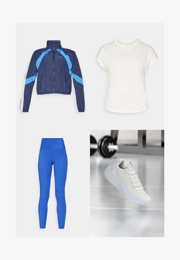 Marineblauwe windbreaker jas met lichtblauwe accenten, ritsluiting, hoge kraag en elastische manchetten. Gemaakt van lichtgewicht, glanzende stof.; Witte t-shirt met korte mouwen, voorzien van een textuur met bloemenpatroon, ronde halslijn en een ontspannen pasvorm. Gemaakt van zachte, lichte stof.; Hoggetaille blauwe legging van elastische stof, met een gladde textuur en een gestroomlijnd ontwerp, geschikt voor sportkleding.; Witte sport sneaker met een gestructureerde mesh bovenkant en vetersysteem, voorzien van een gewatteerde witte zool en subtiele ribbelaccenten.