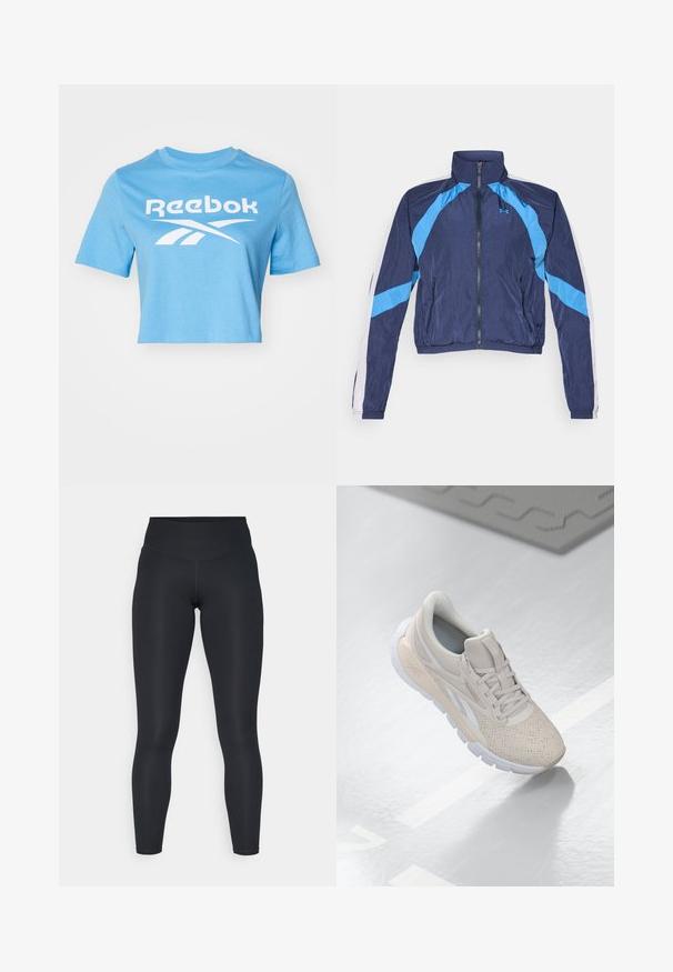 Tamsiai mėlynas vėjyje atsparus džemperis su šviesiai mėlynomis detalėmis, užtrauktuku, aukšta apykakle ir elastinėmis rankovėmis. Pagamintas iš lengvo, blizgaus audinio.; Šviesiai mėlynas trumpas medvilninis marškinėliai, puoštas baltu Reebok logo ir grafiniu dizainu. Trumpomis rankovėmis ir apvaliu iškirpimu.; Juodi leggingai, pagaminti iš elastingos medžiagos, su aukštu juosmeniu, lygiu paviršiumi ir apglėbiančiu siluetu. Nėra matomų raštų ar aparatūros.; Šviesiai smėliniai sportiniai batai su perforuotu viršumi, tekstūruotomis detalėmis, paminkštintu apvadu ir balta guma, sukurti komfortui ir kvėpuojamumui.