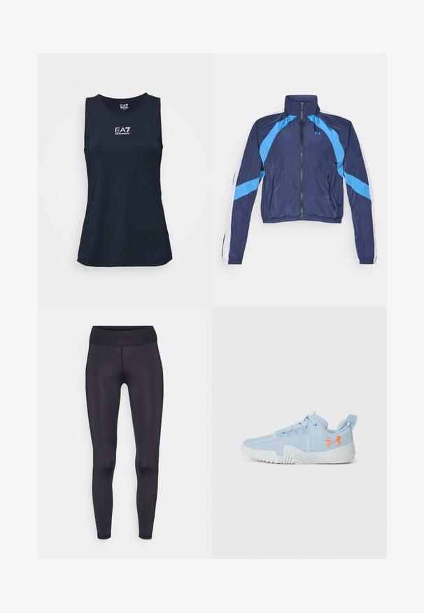 Tummansininen tuulitakki, jossa on vaaleansinisiä yksityiskohtia, vetoketjukiinnitys, korkea kaulus ja elastiset hihansuut. Valmistettu kevyestä, kiiltävästä kankaasta.; Laivastonsininen hihaton urheilupaita, joka on valmistettu sileästä kankaasta. Rintamuksessa valkoinen EA7-logo. Yksinkertainen, vartalonmyötäinen muotoilu.; Mustat leggingsit, jotka on valmistettu joustavasta ja sileästä materiaalista, korkea vyötärö. Sisältää litteät saumat ja logon painettuna pohkeen kohdalla.; Vaaleansininen urheilukenkä, joka on valmistettu verkkomateriaalista, jossa on teksturoitu pohja. Kenkässä on oranssi logo ja nauhakiinnitys.