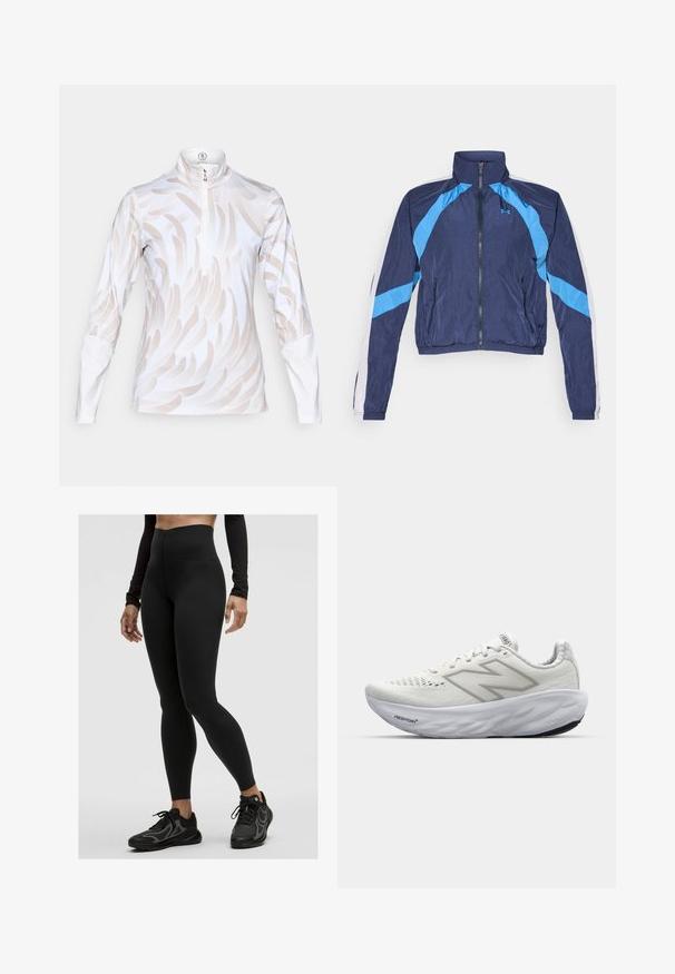 Tumedat sinise värviga tuulejope heleda sinise aktsendiga, lukuga sulgemine, kõrge krae ja elastsed mansetid. Valmistatud kergest, läikivast kangast.; Valge pikkade varrukatega sportlik topp, millel on heleda beeži värvi lainemuster, kõrge krae ja veerandi tõmblukuga sulgemine. Sujuv ja elastne kangas.; Mustad kõrge vöökoha ja veniva materjaliga mustad retuusid, millel on sile pind. Kombineeritud mustade spordijalatsitega, millel on võrgusilma detailid.; Valged spordijalatsid, millel on võrgusilma pealne osa, polsterdatud sääreosa, tekstuuriga tallad ja "Fresh Foam" kaubamärgi logo keskosas.