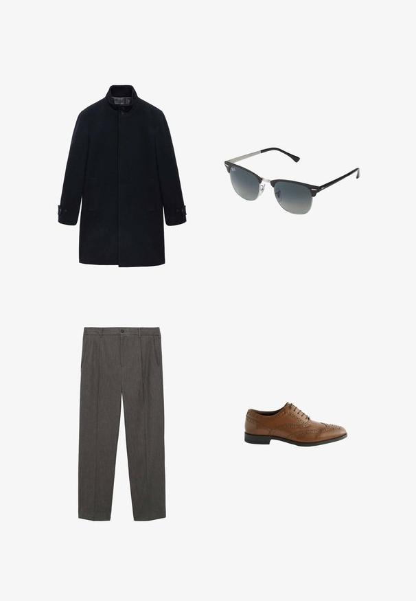Marinejas van wol met een hoge kraag, knoopsluitingen en twee zijzakken; heeft een rechte snit en een gladde textuur.; Set van drie T-shirts: één zwart en twee wit. Elk heeft een ronde hals, korte mouwen en is gemaakt van gladde katoenstof.; Grijze, op maat gemaakte broeken van gestructureerde stof. Voorzien van een knoopsluiting, twee voorzakken en een recht model.; Bruine leren kleding schoen met ingewikkelde brogue details, ronde neus en platte hak. Beschikt over vijf vetersluitingen en een gladde textuur.; Zwarte en zilveren zonnebril met een cat-eye vorm, gradient lenzen en metalen accenten op het montuur. Plastic armen met grijze punten.