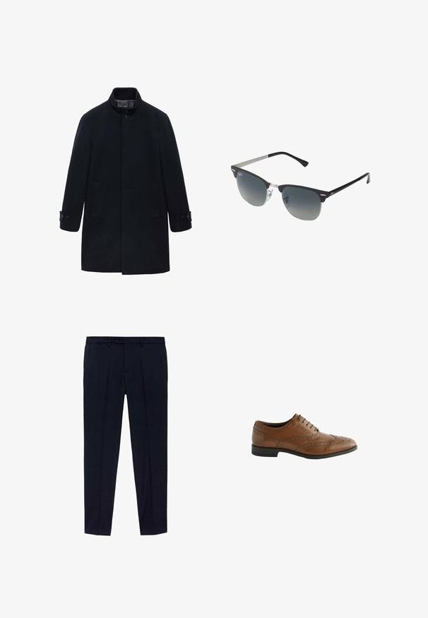 Marineblauer Wollmantel mit hochgeschlossenem Kragen, Knopfverschluss und zwei seitlichen Taschen; verfügt über ein gerades Design und eine glatte Textur.; Drei-T-Shirt-Pack: eines in Schwarz und zwei in Weiß. Jedes T-Shirt hat einen Rundhalsausschnitt, kurze Ärmel und besteht aus glattem Baumwollstoff.; Königsblaue Hose mit flachem Vorderdesign, aus glattem Stoff gefertigt. Zu den Details gehören zwei seitliche Taschen und ein Reißverschluss mit Knopfverschluss.; Braune Leder-Schnürschuhe mit kunstvollen Broguing-Details, runder Zehenform und flachem Absatz. Verfügt über fünf Schnürösen und eine glatte Oberfläche.; Schwarze und silberne Sonnenbrille mit Katzenaugenform, verlaufenden Gläsern und metallischen Akzenten im Rahmen. Plastische Bügel mit grauen Spitzen.