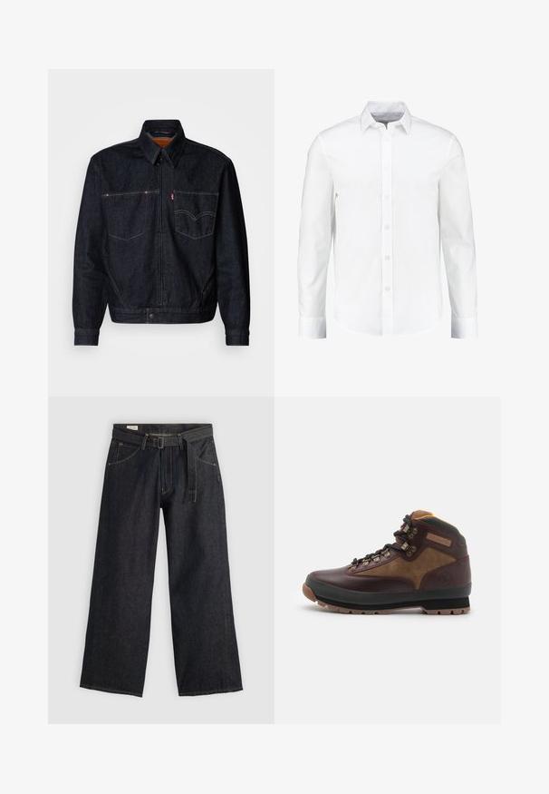 Mørk denimjakke med glidelås foran, to brystlommer og krage. Har kontrasterende sømmer og et merketikett på venstre lomme.; Hvit langermet skjorte med knapper laget av glatt bomull. Den har en klassisk krage og knappefrontlås med rett avslutning.; Mørk denim vidde bukser med belte i midjen, som har frontlommer og kontraststing. Glatt tekstur med et rent design.; Timberland EURO HIKER - Snørestøvletter - burgundy