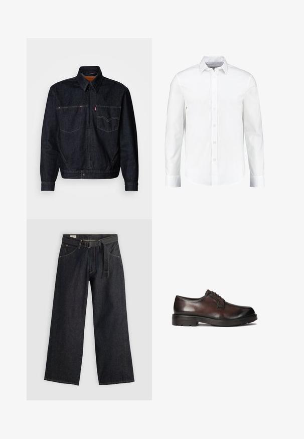 Donkerdenimjack met een ritssluiting aan de voorkant, twee borstzakken en een kraag. Heeft contrasterende stiksels en een merklabel op de linkerzak.; Witte lange mouwen overhemd met knopen, gemaakt van glad katoen. Heeft een klassieke kraag en een knoopsluiting aan de voorkant met een rechte zoom.; Donker denim wijde broek met een gestrikt taille, voorzien van zijzakken en contrasterende stiksels. Gladde textuur met een strak ontwerp.; Bruine leren dresschoenen met een gladde afwerking, ronde neus en veterontwerp. Beschikt over een stevige zwarte rubberen zool met grip.