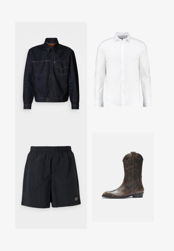Tmavomodrá džínová bunda s predným zipsom, dvoma náprsními vreckami a golierom. Obsahuje kontrastné švy a značkový štítok na ľavom vrecku.; Biela dlhá košeľa s dlhým rukávom vyrobená z hladkej bavlny. Obsahuje klasický golier a zapínanie na gombíky so rovnými okrajmi.; Čierne šortky s elastickým pásom, s logom na spodnej pravej strane, vyrobené z ľahkej látky s pokrčenou textúrou.; Hnedá kožená kovbojská topánka s vysokým ťahom, špicatou špičkou, zložitými vyšívacími vzormi a malým opätkom. Textúrovaný povrch po celom obvode.