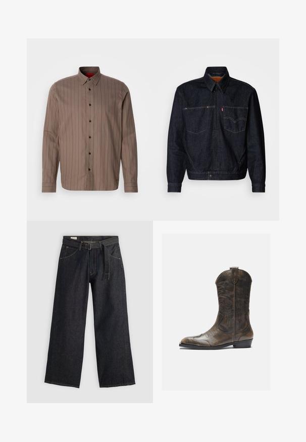 Temno modra denim jakna z zadrgo spredaj, dvema prsoma žepoma in ovratnikom. Ima kontrastno šivanje in označeno nalepko na levem žepu.; Rjava srajca z gumbki in navpičnimi temno rdečimi progami, iz bombažne mešanice, s koničastim ovratnikom, dolgimi rokavi in črnimi gumbi.; Temne jeans hlače širokega kroja z pasom na zadrgo, ki imajo sprednje žepe in kontrastno šivanje. Gladka struktura z brezhibnim dizajnom.; Rjavi usnjeni kavbojški čevlji z visokim ščitnikom, koničastim nosom, zapletenimi šivi in malo peto. Vzorec strukture po celotni površini.