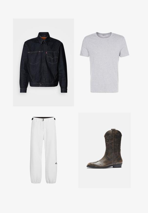 Donkerdenimjack met een ritssluiting aan de voorkant, twee borstzakken en een kraag. Heeft contrasterende stiksels en een merklabel op de linkerzak.; Grijze katoenen t-shirt met een ronde hals, korte mouwen en een eenvoudige uitstraling, met een zachte, gladde textuur en zonder zichtbare patronen of versieringen.; Witte broek met een aansluitende taille, twee metalen knopen en elastische boorden. Heeft een driehoekig logo op het linkerpijp. Soepele stofstructuur.; Bruine leren cowboylaars met een hoge schacht, spitse neus, ingewikkelde stikpatronen en een kleine hak. Gevarieerde afwerking overal.