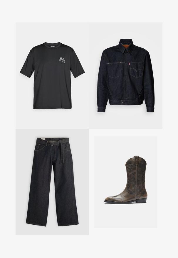 Tumši džinsi jaka ar priekšējo rāvējslēdzēju, divām krūšu kabatām un apkakli. Iekļauj kontrastējošas šuves un zīmolu etiķeti kreisajā kabatā.; Melna īsām piedurknēm sporta T-krekls ar mazām perforācijām sānos un “KARMA” tekstu un acs grafiku kreisajā krūtī.; Tumši džinsa platā kēja bikses ar jostu, ar priekšējiem kabatām un kontrastējošu šuvi. Gluda tekstūra ar tīru dizainu.; Brūnas ādas kovboju zābaki ar garu kāju, norādītu purngalu, sarežģītām šuvju rakstībām un mazu papēdi. Virsma ar faktūru visā zābakā.