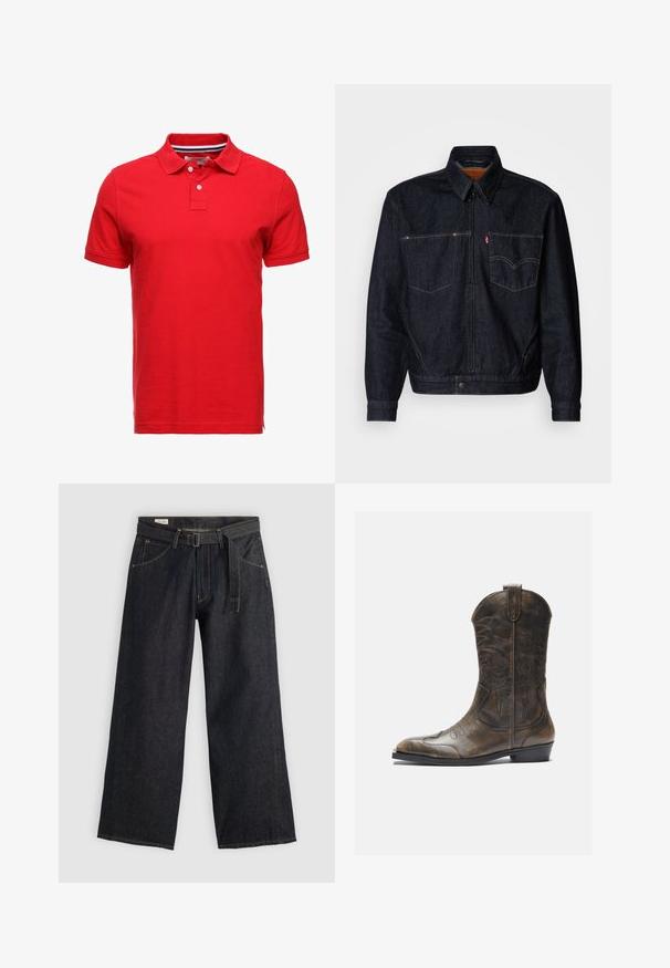 Mørk denimjakke med glidelås foran, to brystlommer og krage. Har kontrasterende sømmer og et merketikett på venstre lomme.; Rød bomullspolo med krage, med to knapper og stripete innerkrage. Kortermet og med standard passform.; Mørk denim vidde bukser med belte i midjen, som har frontlommer og kontraststing. Glatt tekstur med et rent design.; Brune lær cowboy støvler med høy skaft, spiss tå, intrikate broderimønstre og en liten hæl. Teksturert finish overalt.