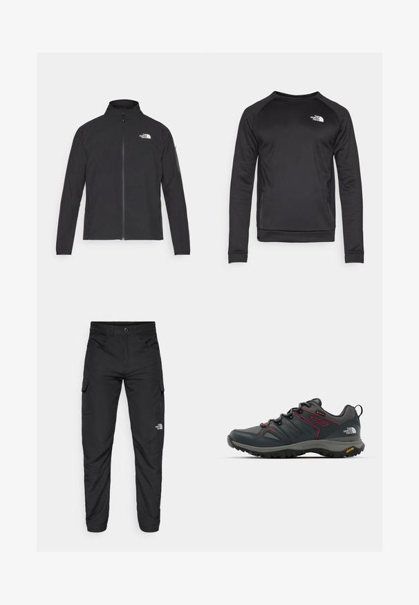 Svart jakke med høy krage, frontglidelås og teksturert stoff. Har et logo på øvre venstre side og en sidelomme på ermet.; Svart langermet hettegenser med rund hals, laget av glatt stoff. Sidelommer i mesh for pusteevne. Har en hvit logo på brystet.; The North Face HORIZON PANT - Friluftsbukser - black; Grå turse sko med røde detaljer, mesh og syntetisk overdel, snøringssystem og Vibram såle for godt grep. Har Gore-Tex for vannmotstand.