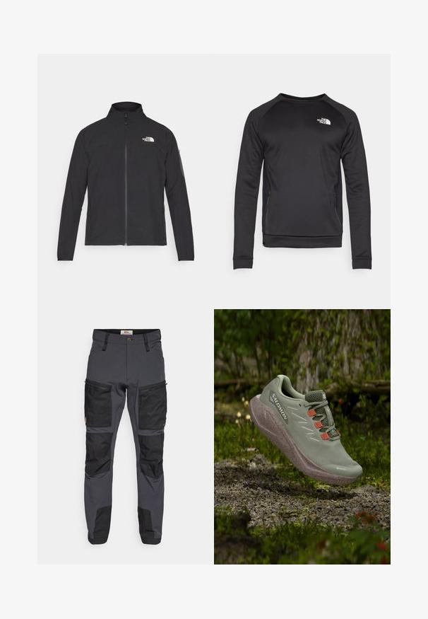 Musta jakk, millel on kõrge krae, eesneediga ja tekstuuriga kangas. Omab logo vasakul ülal ja küljetaskut varrukal.; Must mustläpiga sviiter, millel on ümmargune kaelus ja mis on valmistatud siledast kangast. Külgedel on võrkpaneelid hingavuse tagamiseks. Rindkere peal on valge logo.; Hallid hallid välipüksid mustade aktsentidega, valmistatud vastupidavast materjalist. Omavad mitmeid taskuid ja tugevdatud põlvealasid lisajõudluse tagamiseks.; Kergedane Salomoni jooksujalats oranžide paelaringidega, hõljumas kruusateel metsas.