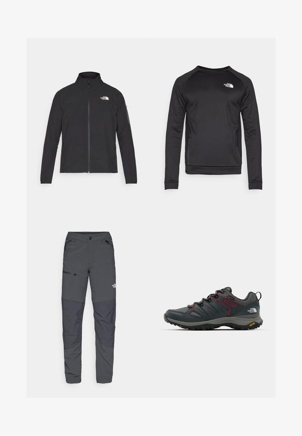 Fekete dzseki magas gallérral, elől cipzárral és texturált anyagból. Az elején bal oldalon logó található, és az ujjon egy oldalsó zseb helyezkedik el.; Fekete, hosszú ujjú pulóver kerek nyakkal, sima anyagból készült. Oldalsó hálós panelek a légáteresztés érdekében. Fehér logó található a mellkasán.; Szürke kültéri nadrág sima textúrával, oldalzsebében cipzárral, megerősített térdszakaszokkal és diszkrét logóval.; Szürke túracipő piros részletekkel, hálós és szintetikus felsőrésszel, fűzőrendszerrel és Vibram talppal a tapadásért. Gore-Tex anyag a vízállóság érdekében.