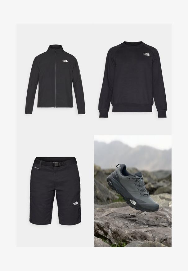 Svart jacka med hög krage, framdragkedja och texturerat tyg. Har en logotyp på övre vänstra sidan och en sidoficka på ärmen.; Svart sweatshirt med ribbad rund hals, långa raglanärmar och en liten vit logotyp på vänster bröst. Tillverkad av mjukt, slitstarkt tyg.; Svarta vandringsshorts tillverkade av lätt material, med ett bälte, sömdetaljer och logotyp på höger ben.; Grå trail löparskor med en texturerad ovandel, hållbar gummisula och förstärkt tåparti. Har snören och logotyp på sidan.