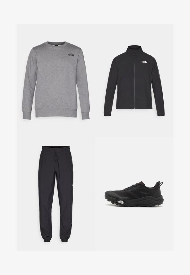 Musta jakk, millel on kõrge krae, eesneediga ja tekstuuriga kangas. Omab logo vasakul ülal ja küljetaskut varrukal.; Hallgrey sweatshirt, mis pehmeast puuvillast kangast, millel on ringjope kaelus, pikad varrukad, soonikust mansetid ja äär, ning must logo rinnal.; Mustavad sportlikud püksid, mis on valmistatud kergest kangast, joonlauaga taljest, küljetaskudega ja kitsenevate varrukatega pahkluude juures.; Must tume jooksujalats musta värvi, tekstuurse ülemise osaga, kummist tallaga ja tugevdatud varbaga. Omab pehmendusega krae ja tõmblinti mugavaks selga panemiseks.