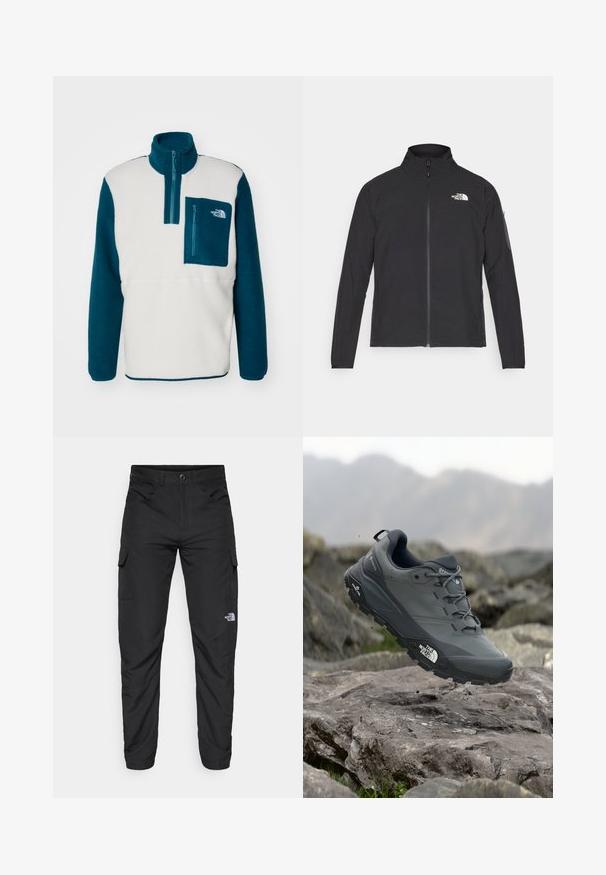 Svart jakke med høy krage, frontglidelås og teksturert stoff. Har et logo på øvre venstre side og en sidelomme på ermet.; The North Face M YUMIORI 1/4 ZIP - Fleecegenser - white dune/midnight petrol/mallard blue; The North Face HORIZON PANT - Friluftsbukser - black; Grå terrengløpesko med en teksturert overdel, slitesterk gummisåle og forsterket tåhette. Inkluderer snørebånd og merkevarelogo på siden.