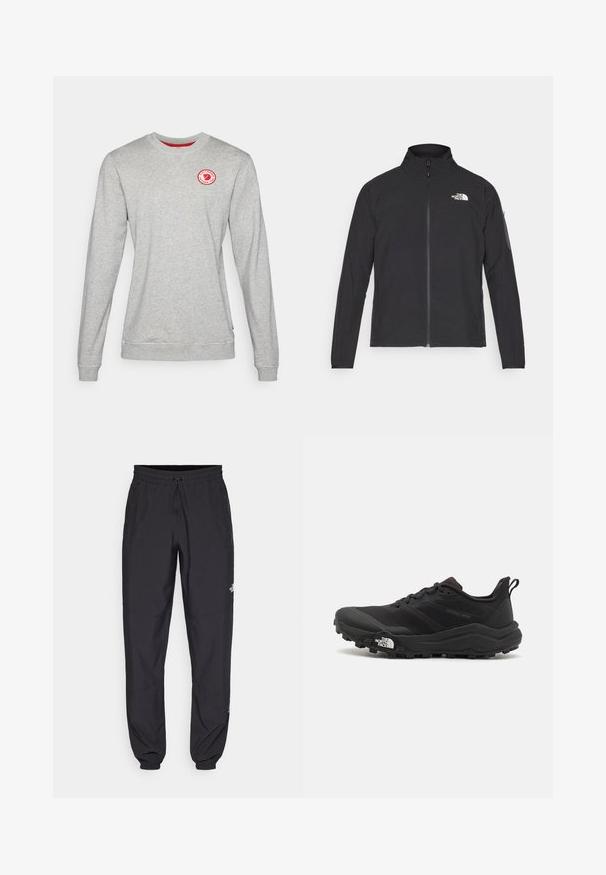 Casaco preto com um colarinho alto, fecho na frente e tecido texturizado. Apresenta um logótipo no canto superior esquerdo e um bolso lateral na manga.; Sweatshirt cinza de gola redonda feito de um tecido misto de algodão, apresentando um logótipo vermelho em forma circular no peito e punhos canelados nas mangas e na barra.; Calças atléticas pretas feitas de tecido leve, com um cós ajustável por cordão, bolsos laterais e punhos afunilados nos tornozelos.; Sapatilha de trail running preta com um upper texturizado, sola de borracha e biqueira reforçada. Possui um colarinho acolchoado e uma alça para facilitar o calçar.