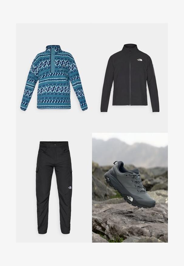 Crna jakna s visokim ovratnikom, prednjim zatvaračem i teksturiranim materijalom. Ima logo na gornjem lijevom dijelu i bočnu žepnju na rukavu.; Plavi flis pulover s uzorkom, s patent zatvaračem na prsnom džepu, dugim rukavima i kopčanjem na dugmiće, idealan za hladno vrijeme.; The North Face HORIZON PANT - Hlače za otvoreno - black; Sive trail trkačka cipela s teksturiranim gornjim dijelom, izdržljivom gumenom potplatom i ojačanim vrhom. Ima vezice i logotip branda sa strane.