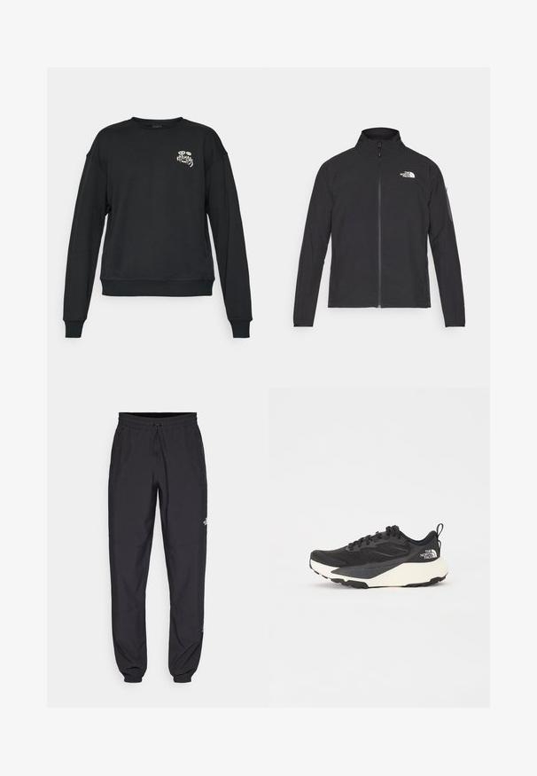 Black jacket with a high collar, front zipper, and textured fabric. Features a logo on the upper left and a side pocket on the sleeve.; Black long-sleeve crewneck sweatshirt with small white graphic text "KARMA 93" and eyes on the left chest, ribbed cuffs and hem.; Black athletic pants made from lightweight fabric, featuring a drawstring waistband, side pockets, and tapered cuffs at the ankles.; Black athletic shoe with textured mesh upper, solid black accents, and white lightweight outsole. Features lace-up closure and pull tab.