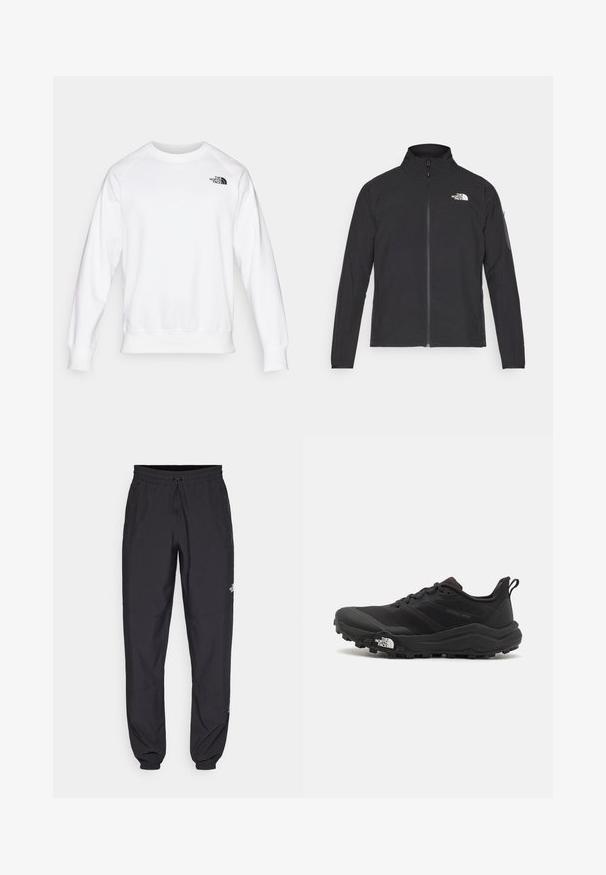Čierna bunda s vysokým golierom, predným zipsom a textúrovanou tkaninou. Na prednej strane má logo na ľavej hornej strane a bočnú vrecko na rukáve.; Biely sweatshirt s okrúhlym výstrihom, dlhými raglánovými rukávmi, rebrovanými manžetami a spodným okrajom, s malým čiernym logom na hornej ľavej strane hrude.; Čierne športové nohavice vyrobené z ľahkej tkaniny, s elastickým pásom na šnurovanie, bočnými vreckami a zúženými manžetami na členkoch.; Čierne trailové behacie topánky s štruktúrovaným zvrškom, gumovou podrážkou a vystuženou špičkou. Obsahuje polstrovaný golier a úchyt na jednoduché obúvanie.