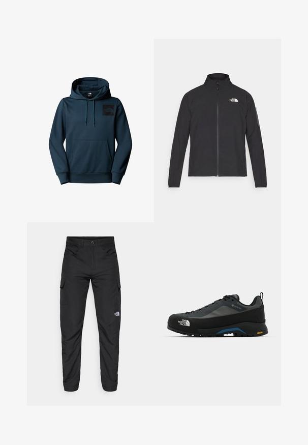 Zwarte jas met een hoge kraag, ritssluiting aan de voorkant en een gestructureerde stof. Heeft een logo op de bovenste linkerzijde en een zijzak op de mouw.; Capuchon sweatshirt in donker teal met een voorkennis. Bevat een zwart logo patch op de borst. Gemaakt van een zachte, gestructureerde stof.; The North Face HORIZON PANT - Outdoorbroeken - black; The North Face VERTO ALPINE GORE TEX - Outdoorschoenen - asphalt grey/tnf black