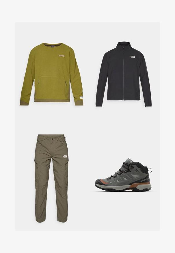 Giacca nera con colletto alto, zip frontale e tessuto strutturato. Presenta un logo sulla parte superiore sinistra e una tasca laterale sulla manica.; Felpa a maniche lunghe verde oliva con tessuto testurizzato, dotata di tasca frontale, etichetta con logo sopra e orlo inferiore a contrasto.; Pantaloni da outdoor verde oliva realizzati in tessuto leggero, dotati di tasche cargo, dettagli con zip e un logo sulla coscia superiore.; Scarpa da outdoor a taglio medio in mesh grigio e suede, con suola in gomma, lacci frontali e accenti arancioni, progettata per durevolezza e comfort.