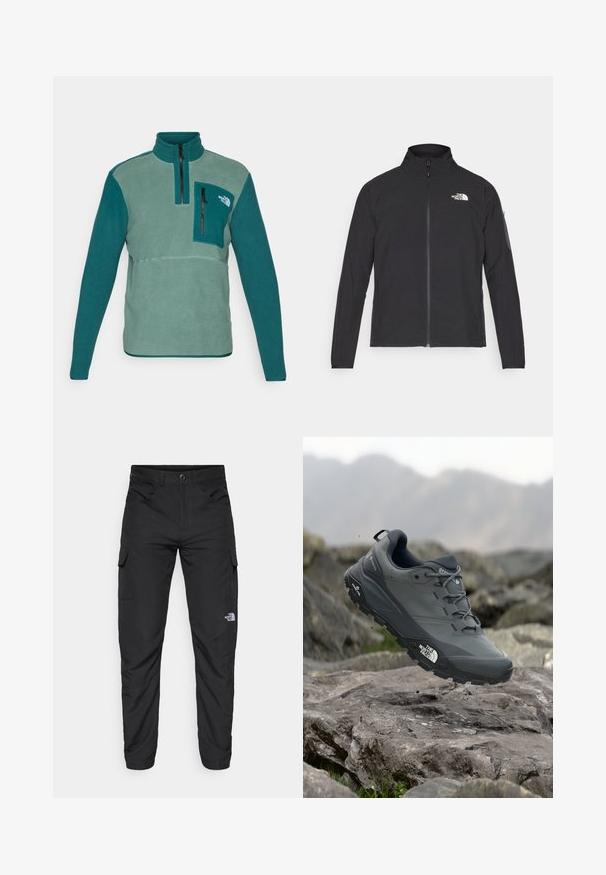 Giacca nera con colletto alto, zip frontale e tessuto strutturato. Presenta un logo sulla parte superiore sinistra e una tasca laterale sulla manica.; Pullover in pile di colore teal e verde con un colletto alto, zip a metà e una tasca anteriore sul petto con zip nera. Presenta un tessuto texturizzato.; The North Face HORIZON PANT - Pantaloni outdoor - black; Scarpa da trail running grigia con tomaia testurizzata, suola in gomma resistente e punta rinforzata. Presenta lacci e logo del marchio sul lato.