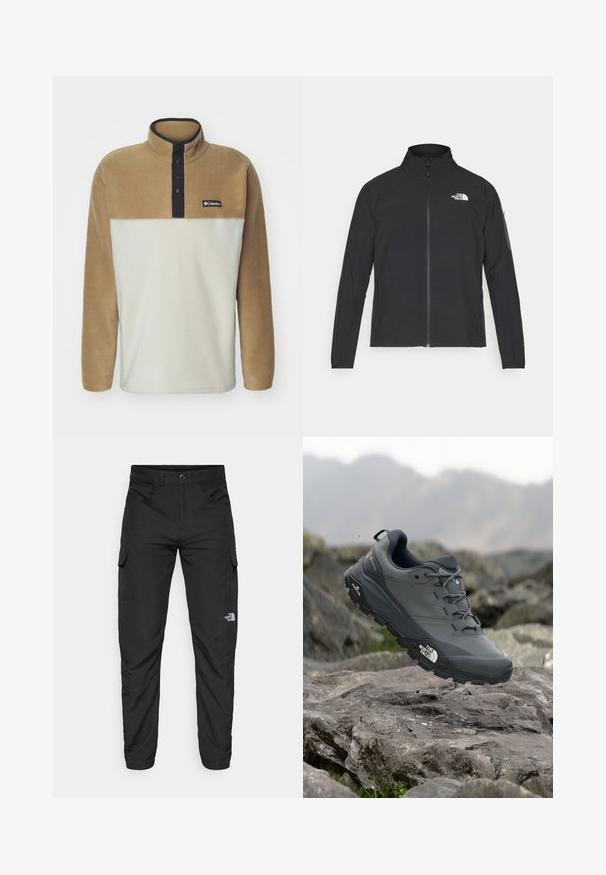 Jachetă neagră cu guler înalt, fermoar frontal și țesătură texturată. Dispune de un logo în partea stângă sus și o buzunar pe manșetă.; Columbia STEENS MOUNTAIN™ HALF SNAP - Pulover din fleece - dark stone/delta/black; The North Face HORIZON PANT - Pantaloni outdoor - black; Pantof de alergare pe trasee gri, cu o partieră texturată, talpă din cauciuc durabil și vârf întărit. Dispune de șireturi și logo-ul brandului pe lateral.