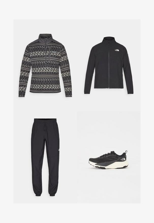 Melna jaka ar augstu apkakli, priekšpuses rāvējslēdzēju un teksturētu audumu. Ievērojams logo augšējā kreisajā pusē un sānu kabata uz piedurknes.; Melnbalta rakstaina flīsa pulksteņjakas ar ceturtdaļas rāvējslēdzēja apkakli, piedāvājot krūšu kabatu un teksturētu virsmu. Zīmola logotips priekšā.; Melni sporta bikses, kas izgatavotas no viegla auduma, ar savelcamu jostu, sānu kabatām un sašaurinātiem apakšējiem galiem pie potītēm.; Melna sporta kurpe ar teksturētu acs augšdaļu, cietiem melniem akcentiem un balto vieglo zoli. Iekļauj šņorēšanas aizdari un vilkšanas cilpu.