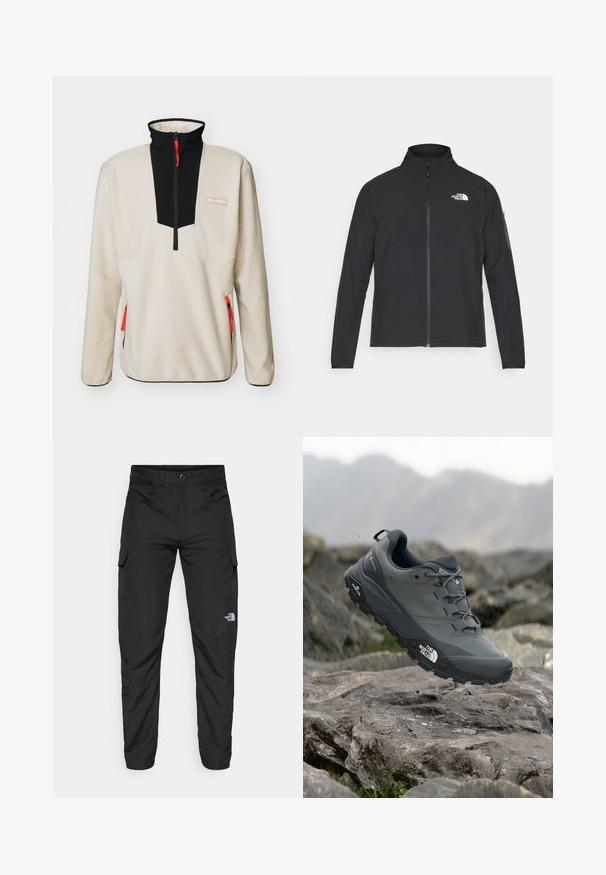 Schwarze Jacke mit hohem Kragen, vorderem Reißverschluss und TEXTURIERTEM Stoff. Verfügt über ein Logo auf der oberen linken Seite und eine Seitentasche am Ärmel.; Beiger Fleecepullover mit einem schwarzen Reißverschlusskragen, der orangefarbene Akzente und ein Logo-Patch aufweist. Alle Reißverschlüsse sind an den Seiten angebracht.; The North Face HORIZON PANT - Outdoor-Hose - black; Grau Trailrunning-Schuh mit einer strukturierten Oberseite, haltbarer Gummisohle und verstärkter Zehenkappe. Verfügt über Schnürsenkel und ein Markenlogo an der Seite.