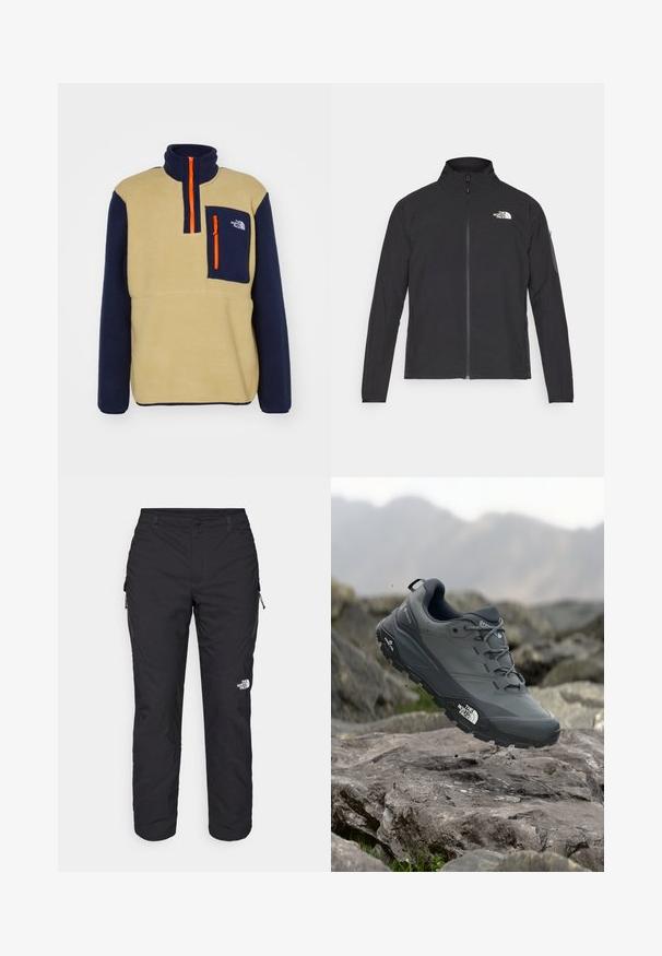 Svart jakke med høy krage, frontglidelås og teksturert stoff. Har et logo på øvre venstre side og en sidelomme på ermet.; The North Face YUMIORI 1/4 ZIP - Fleecegenser - khaki stone/summit navy; The North Face WINTER EXPLORATION TAPERED CARGO - Friluftsbukser - black; Grå terrengløpesko med en teksturert overdel, slitesterk gummisåle og forsterket tåhette. Inkluderer snørebånd og merkevarelogo på siden.