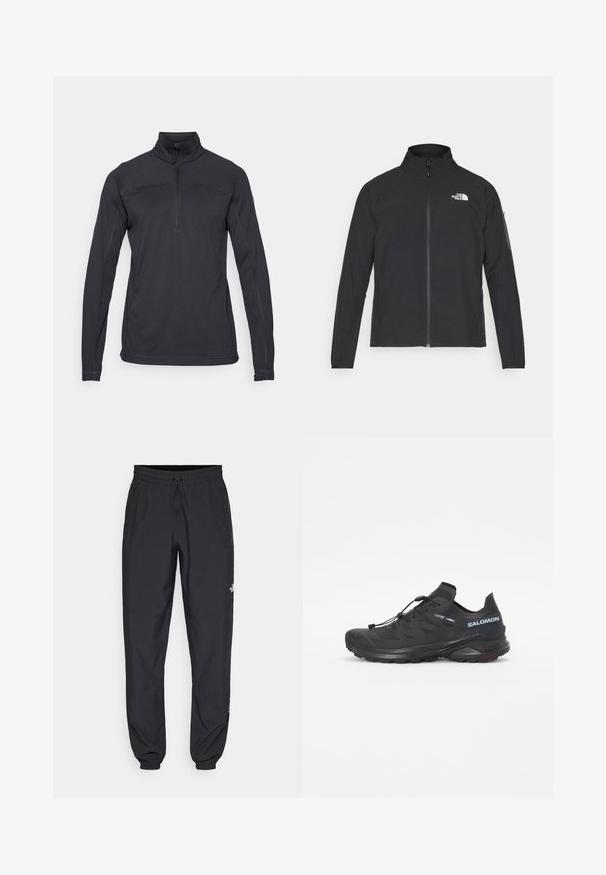 Schwarze Jacke mit hohem Kragen, vorderem Reißverschluss und TEXTURIERTEM Stoff. Verfügt über ein Logo auf der oberen linken Seite und eine Seitentasche am Ärmel.; Schwarzer Pullover mit einem halben Reißverschlusskragen, langen Ärmeln, strukturiertem Stoff und verstärkten Nähten. Mit einem Logo-Akzent auf dem Ärmel.; Schwarze Sporthosen aus leichtem Stoff, mit einem Kordelzugbund, seitlichen Taschen und schmal zulaufenden Bündchen an den Knöcheln.; Schwarzer Trailschuh zum Laufen mit einer strukturierten Oberseite, elastischen Schnürsenkeln und Contagrip-Außensohle. Bietet eine eng anliegende Passform und eine schützende Zehenkappe.