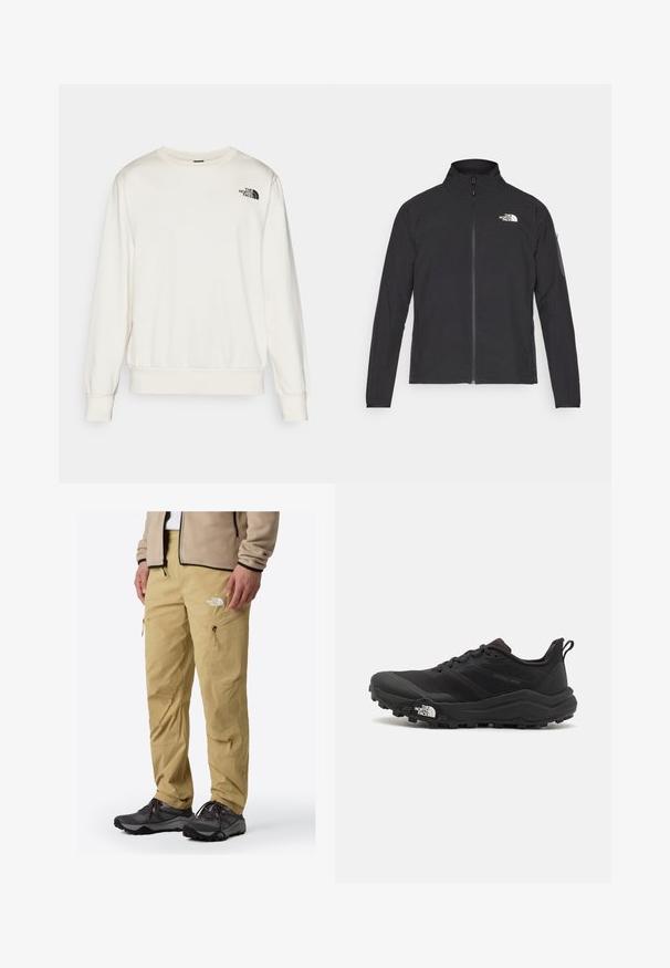 Black jacket with a high collar, front zipper, and textured fabric. Features a logo on the upper left and a side pocket on the sleeve.; White sweatshirt made of soft fabric, featuring a crew neck, long sleeves, ribbed cuffs, and a black logo on the left chest.; Beige outdoor pants with zippered side pockets, textured fabric, and a logo on the front, paired with dark hiking shoes.; Black trail running shoe with a textured upper, rubber sole, and reinforced toe cap. Features a padded collar and pull tab for easy wear.