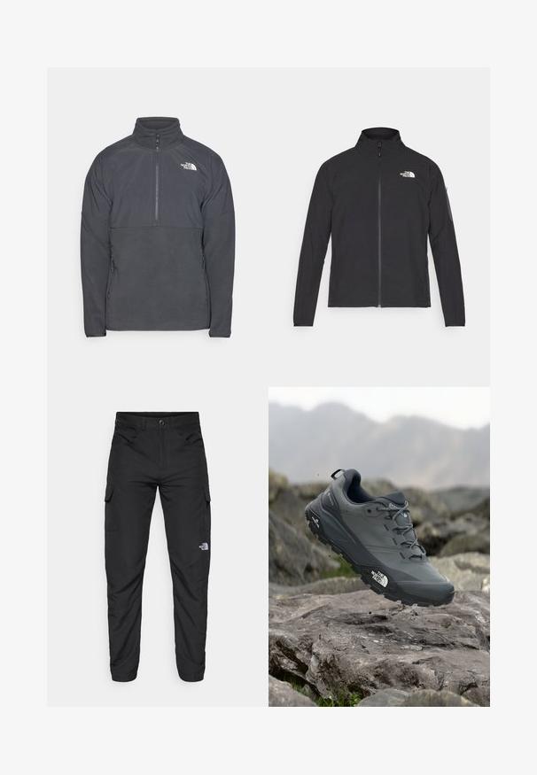 Musta jakk, millel on kõrge krae, eesneediga ja tekstuuriga kangas. Omab logo vasakul ülal ja küljetaskut varrukal.; Hallhalli hall pehmeast kangast pullover, millel on pooltõmbluku kaelus, tekstureeritud ülemine paneel ja siledam alumine paneel. Omab esitaskuid ja valget logo rinnal.; The North Face HORIZON PANT - Õuepüksid - black; Hallhalli jooksukingad halli värvi, tekstureeritud ülemise osaga, vastupidava kummist tallaga ja tugevdatud varvaste kattega. Omab paelu ja kaubamärgi logo küljel.