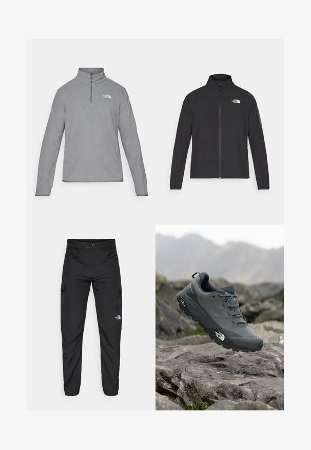 Chaqueta negra con cuello alto, cremallera frontal y tejido texturizado. Presenta un logo en la parte superior izquierda y un bolsillo lateral en la manga.; The North Face M GLACIER FLEECE 1/4 ZIP JACKET - Suéter de forro polar - grey heather; The North Face HORIZON PANT - Pantalones montañeros largos - black; Zapatilla de trail running gris con parte superior texturizada, suela de goma duradera y puntera reforzada. Cuenta con cordones y logo de la marca en el lateral.