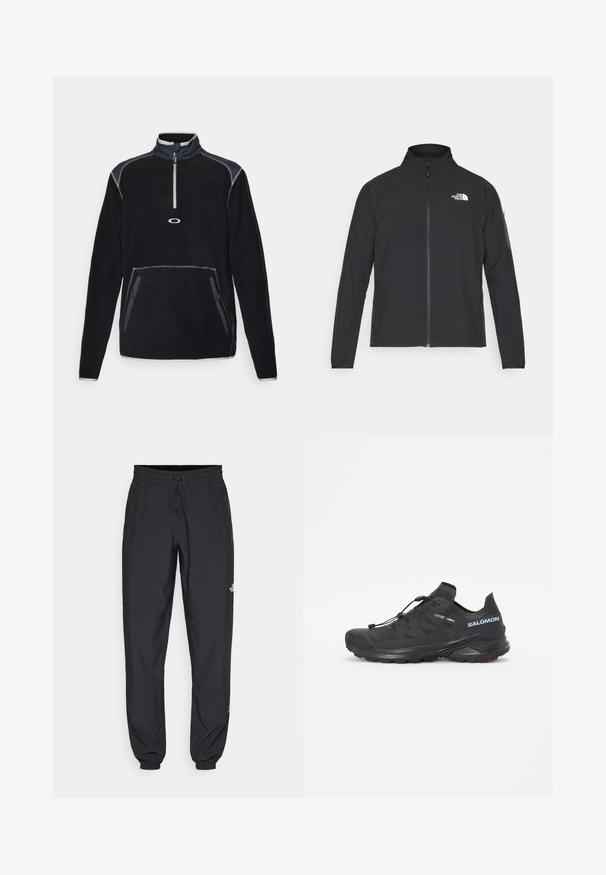 Veste noire avec col montant, fermeture éclair à l'avant et tissu texturé. Présente un logo sur le coin supérieur gauche et une poche latérale sur la manche.; Pull en polaire noir avec un col haut, une fermeture éclair partielle à l'avant, deux poches latérales et des coutures contrastées en gris et marine.; Pantalon de sport noir en tissu léger, avec une taille à cordon, des poches latérales et des chevilles resserrées.; Chaussure de trail running noire avec une tige texturée, des lacets élastiques et une semelle extérieure Contagrip. Présente un ajustement serré et un pare-chocs protecteur.