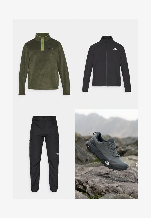Jachetă neagră cu guler înalt, fermoar frontal și țesătură texturată. Dispune de un logo în partea stângă sus și o buzunar pe manșetă.; Columbia STEENS MOUNTAIN™ HALF SNAP - Pulover din fleece - greenscape/canteen; The North Face HORIZON PANT - Pantaloni outdoor - black; Pantof de alergare pe trasee gri, cu o partieră texturată, talpă din cauciuc durabil și vârf întărit. Dispune de șireturi și logo-ul brandului pe lateral.