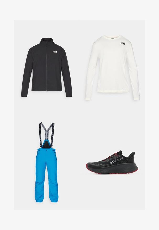 Black jacket with a high collar, front zipper, and textured fabric. Features a logo on the upper left and a side pocket on the sleeve.; White long-sleeve shirt with a round neck, textured fabric, black logo on the left shoulder, and subtle branding at the bottom.; Blue skiing pants with adjustable black and gray suspenders, zippered side pockets, and a durable, waterproof material.; Black athletic shoe with textured upper, red laces, and logo. Thick sole with patterned tread for traction. Minimalist design, side view.