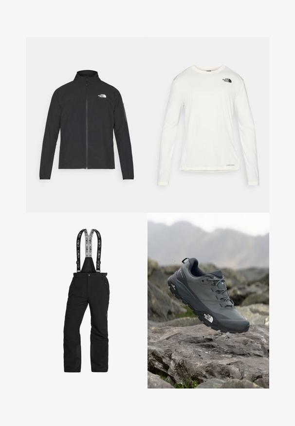 Giacca nera con colletto alto, zip frontale e tessuto strutturato. Presenta un logo sulla parte superiore sinistra e una tasca laterale sulla manica.; Camicia bianca a maniche lunghe con colletto tondo, tessuto testurizzato, logo nero sulla spalla sinistra e branding sottile sul fondo.; Pantaloni da neve neri con bretelle regolabili, tasche con zip e caviglie rinforzate. Realizzati in materiale impermeabile con una texture liscia.; Scarpa da trail running grigia con tomaia testurizzata, suola in gomma resistente e punta rinforzata. Presenta lacci e logo del marchio sul lato.