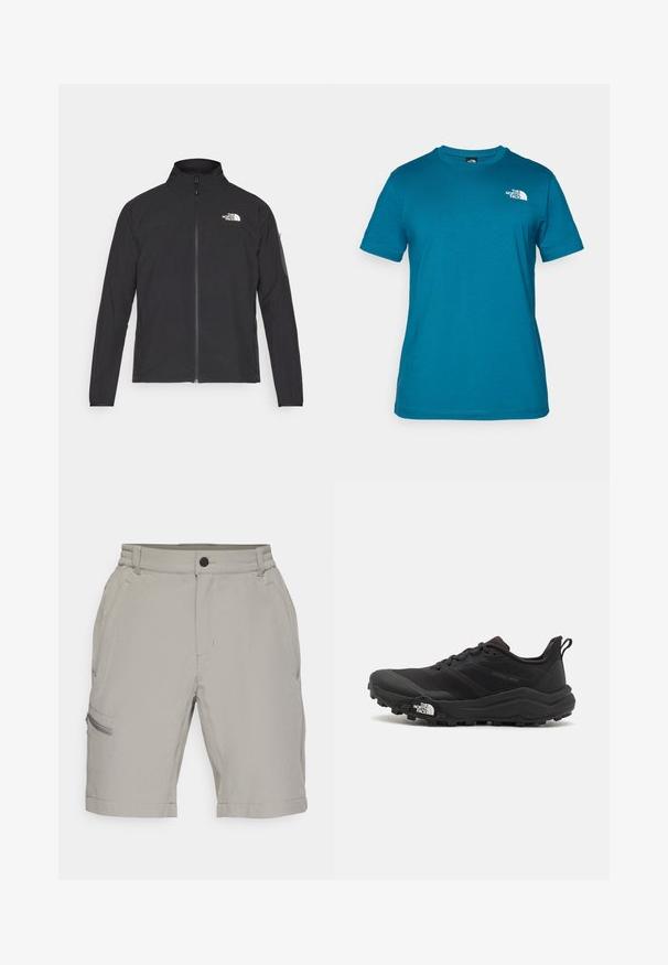 Jachetă neagră cu guler înalt, fermoar frontal și țesătură texturată. Dispune de un logo în partea stângă sus și o buzunar pe manșetă.; Tricou scurt cu mâneci, de culoare teal, realizat din bumbac moale, având un logo alb imprimat pe pieptul stâng și un design clasic cu guler rotund.; Shorts cargo gri deschis cu talie elastică, buzunare frontale și un buzunar lateral cu fermoar; textură fină și lungime până la genunchi.; Pantofii de alergare pe teren accidentat, de culoare neagră, cu un superior texturat, talpă din cauciuc și vârf întărit. Prezintă un guler căptușit și o bandă de prindere pentru îmbrăcare ușoară.